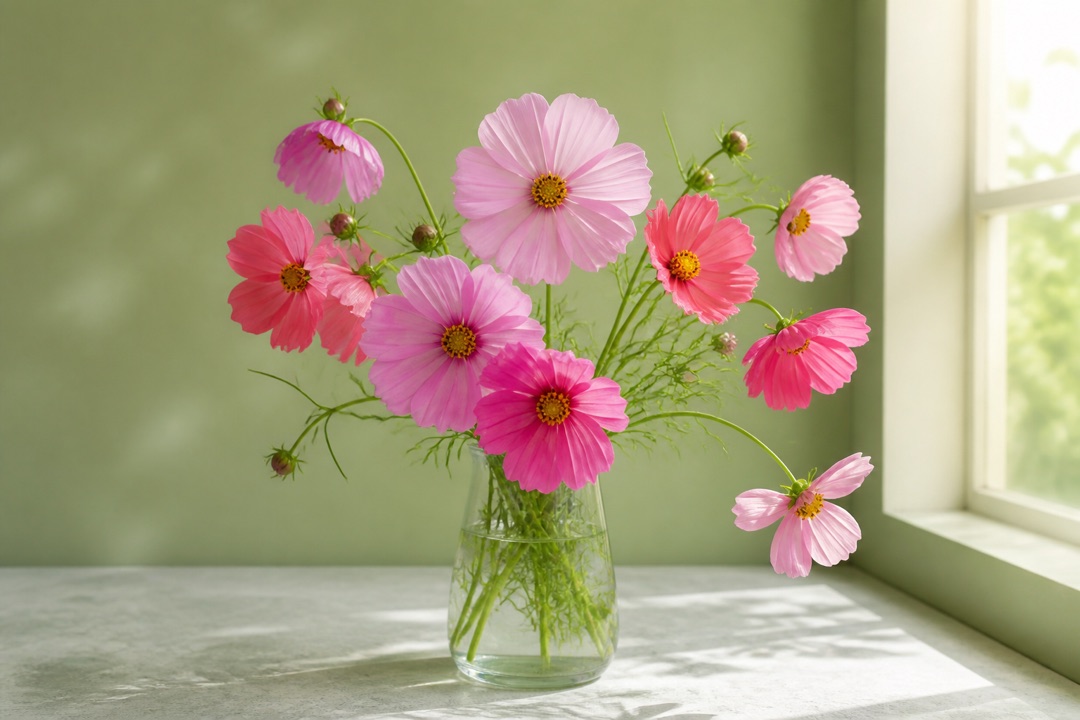 Pink cosmos flowers in a glass vase beside a sunlit window, the sample included with SizeLeaf.